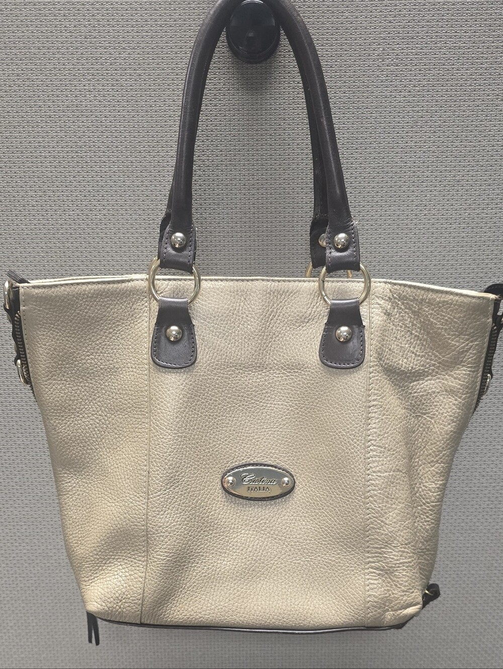 Cristina Italy Vintage Pebbled Leather Handbag Bag Champagne Beige
